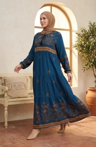 Plus Size Floral Patterned Viscose Dress 4084-10 Petrol 4084-10