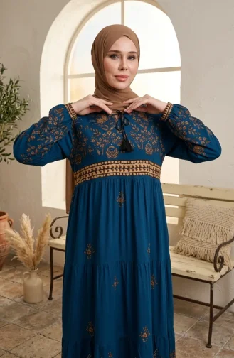 Plus Size Floral Patterned Viscose Dress 4084-10 Petrol 4084-10