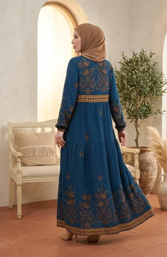 Plus Size Floral Patterned Viscose Dress 4084-10 Petrol 4084-10