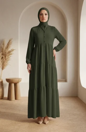 Robe Hijab à Boutons Et à Plusieurs épaisseurs En Tissu Aerobin 4124-11 Kaki 4124-11