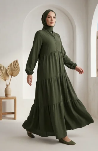 Robe Hijab à Boutons Et à Plusieurs épaisseurs En Tissu Aerobin 4124-11 Kaki 4124-11