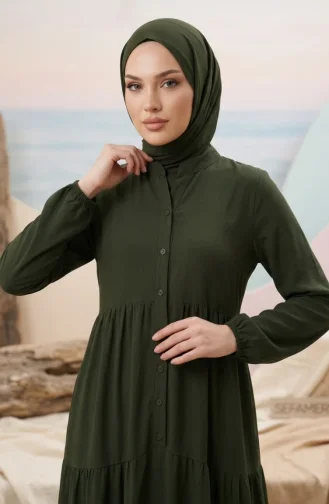 Robe Hijab à Boutons Et à Plusieurs épaisseurs En Tissu Aerobin 4124-11 Kaki 4124-11