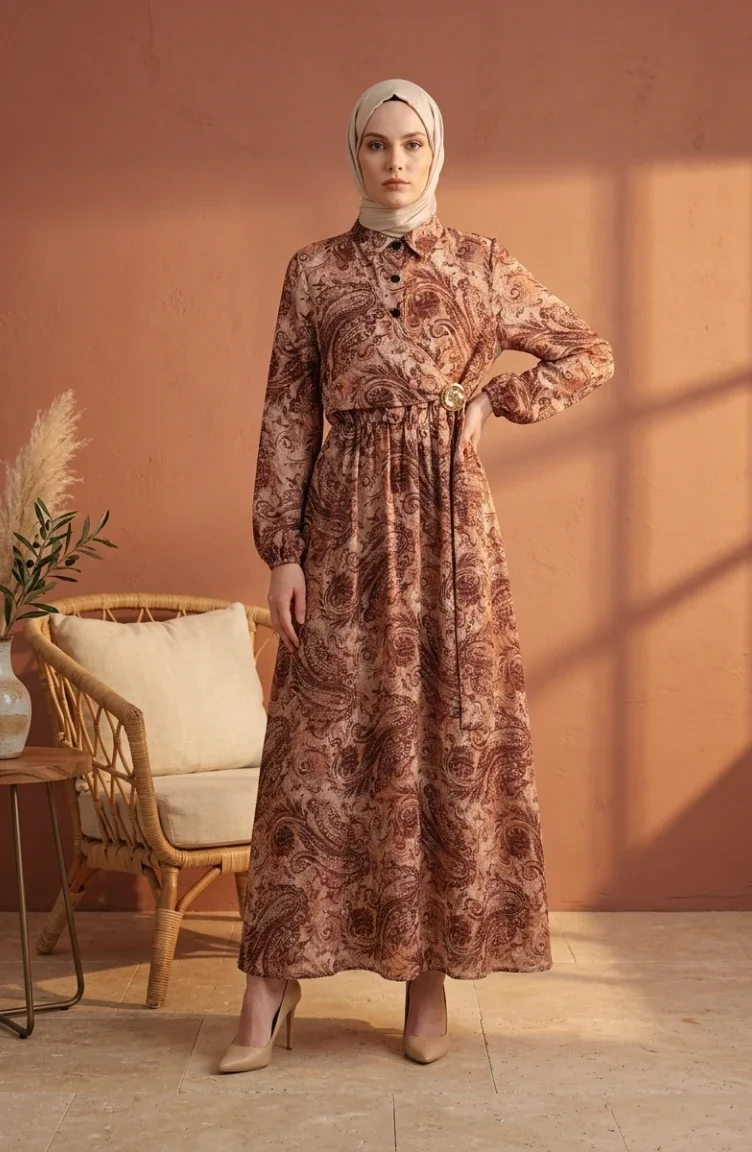 Shawl Patterned Buttoned Elastic Waist Hijab Dress 0357-02 Beige 0357-02