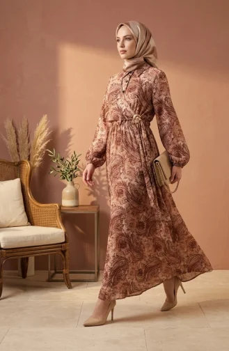 Shawl Patterned Buttoned Elastic Waist Hijab Dress 0357-02 Beige 0357-02