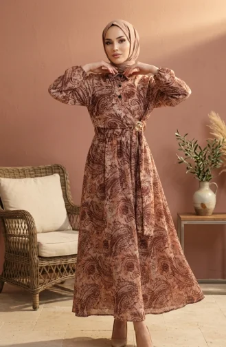 Shawl Patterned Buttoned Elastic Waist Hijab Dress 0357-02 Beige 0357-02