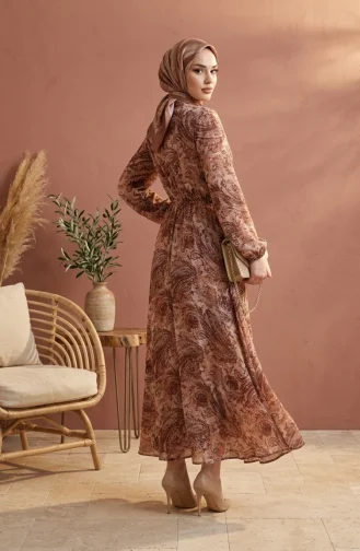 Shawl Patterned Buttoned Elastic Waist Hijab Dress 0357-02 Beige 0357-02