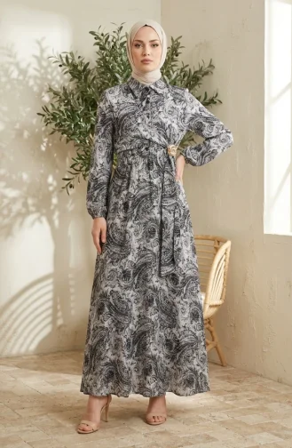 Shawl Patterned Buttoned Elastic Waist Hijab Dress 0357-03 Anthracite 0357-03