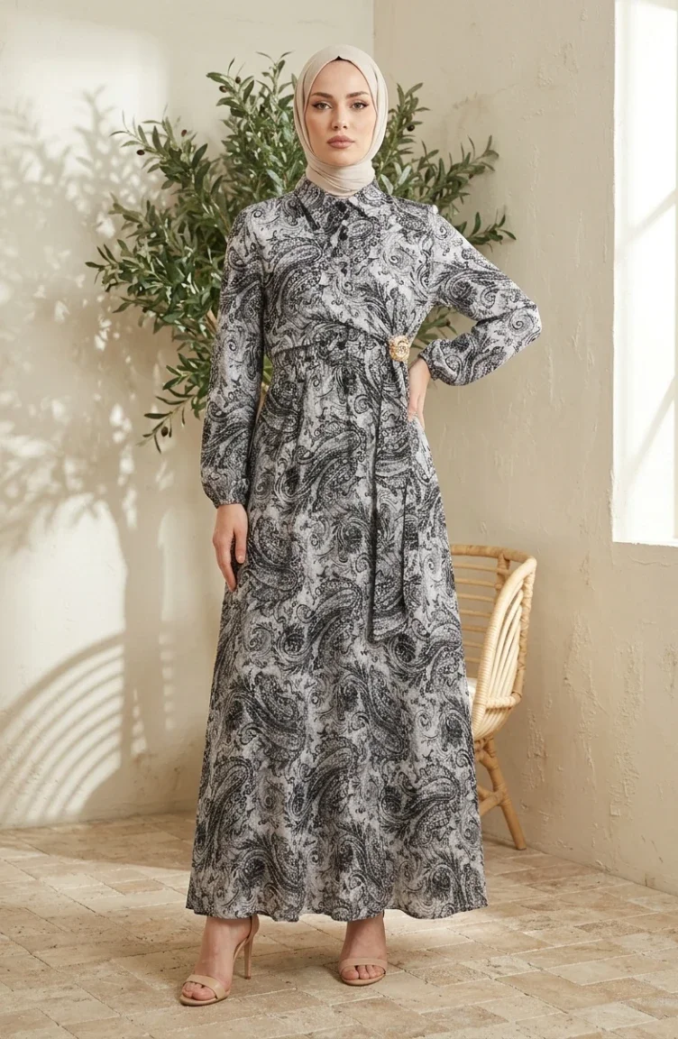 Shawl Patterned Buttoned Elastic Waist Hijab Dress 0357-03 Anthracite 0357-03