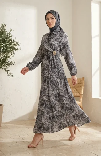 Shawl Patterned Buttoned Elastic Waist Hijab Dress 0357-03 Anthracite 0357-03
