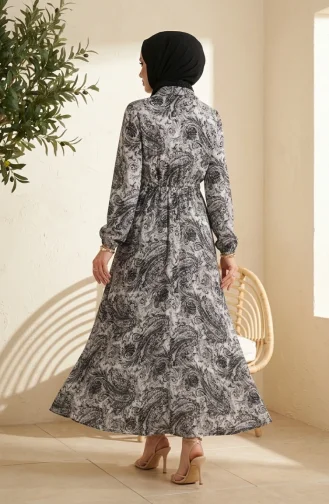 Shawl Patterned Buttoned Elastic Waist Hijab Dress 0357-03 Anthracite 0357-03