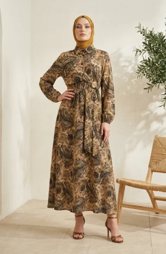 Shawl Patterned Buttoned Elastic Waist Hijab Dress 0357-04 Mustard 0357-04