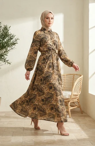 Shawl Patterned Buttoned Elastic Waist Hijab Dress 0357-04 Mustard 0357-04