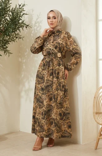 Shawl Patterned Buttoned Elastic Waist Hijab Dress 0357-04 Mustard 0357-04