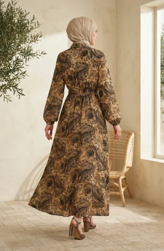Shawl Patterned Buttoned Elastic Waist Hijab Dress 0357-04 Mustard 0357-04