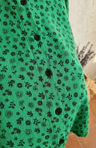 تونيك طويل بأزرار ونقشة زهور، أخضر اللون، رقم الموديل 0356-01 0356-01