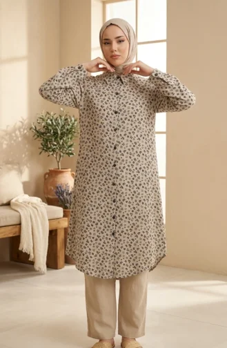 Lange Geknöpfte Tunika Mit Blumenmuster 0356-04 Nerz 0356-04
