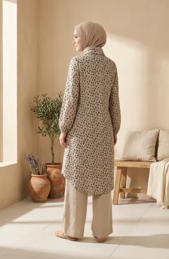Lange Geknöpfte Tunika Mit Blumenmuster 0356-04 Nerz 0356-04