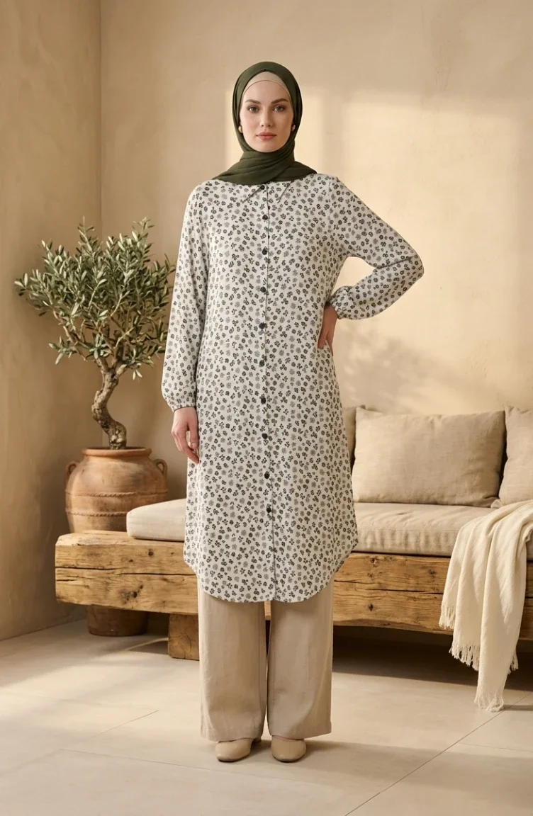 تونيك طويل بأزرار ونقشة زهور 0356-05 حجري 0356-05