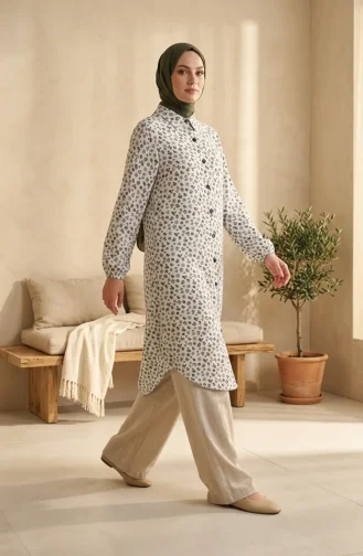 تونيك طويل بأزرار ونقشة زهور 0356-05 حجري 0356-05