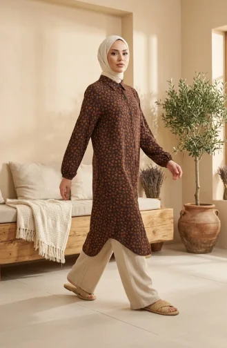 Tuniek Met Knoopsluiting En Bloemenprint 0356-06 Bruin 0356-06