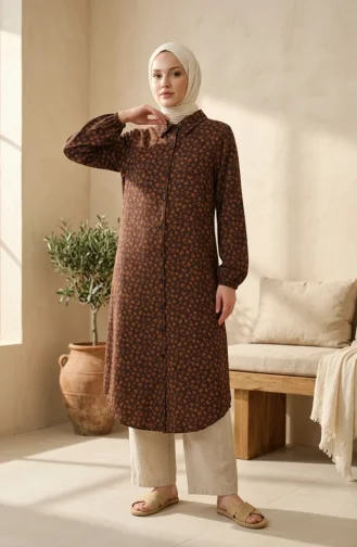 Tuniek Met Knoopsluiting En Bloemenprint 0356-06 Bruin 0356-06