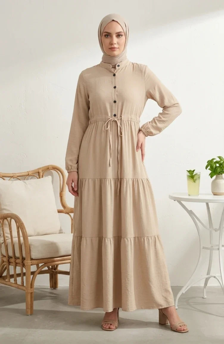 Stufenkleid Mit Gürtel Und Knopfverschluss Beige 2302-01 2302-01