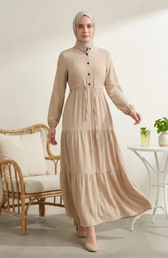 Beli Bağcıklı Düğmeli Kat Kat Tesettür Elbise 2302-01 Bej
