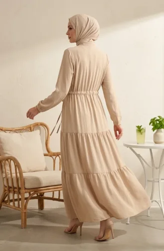 Beli Bağcıklı Düğmeli Kat Kat Tesettür Elbise 2302-01 Bej
