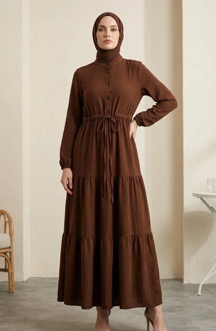 Stufenkleid Mit Gürtel Und Knopfverschluss 2302-02 Braun 2302-02