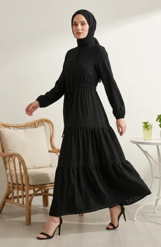 Beli Bağcıklı Düğmeli Kat Kat Tesettür Elbise 2302-03 Siyah