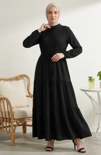 Beli Bağcıklı Düğmeli Kat Kat Tesettür Elbise 2302-03 Siyah