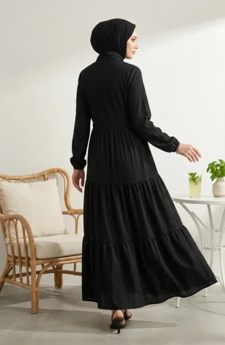 Beli Bağcıklı Düğmeli Kat Kat Tesettür Elbise 2302-03 Siyah