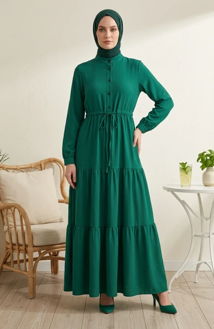 Stufenkleid Mit Gürtel Und Knopfverschluss 2302-04 Grün 2302-04
