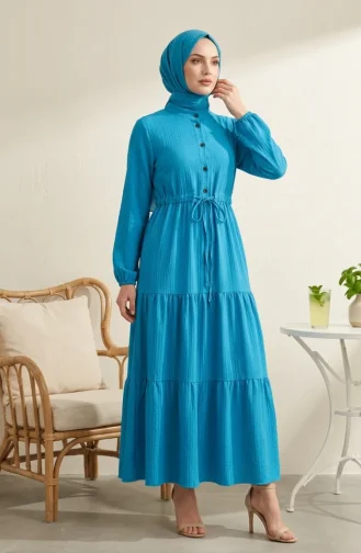 Beli Bağcıklı Düğmeli Kat Kat Tesettür Elbise 2302-05 Mavi