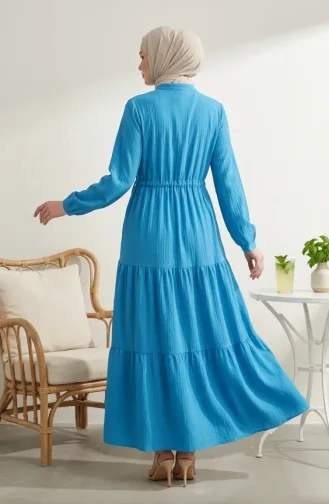 Beli Bağcıklı Düğmeli Kat Kat Tesettür Elbise 2302-05 Mavi