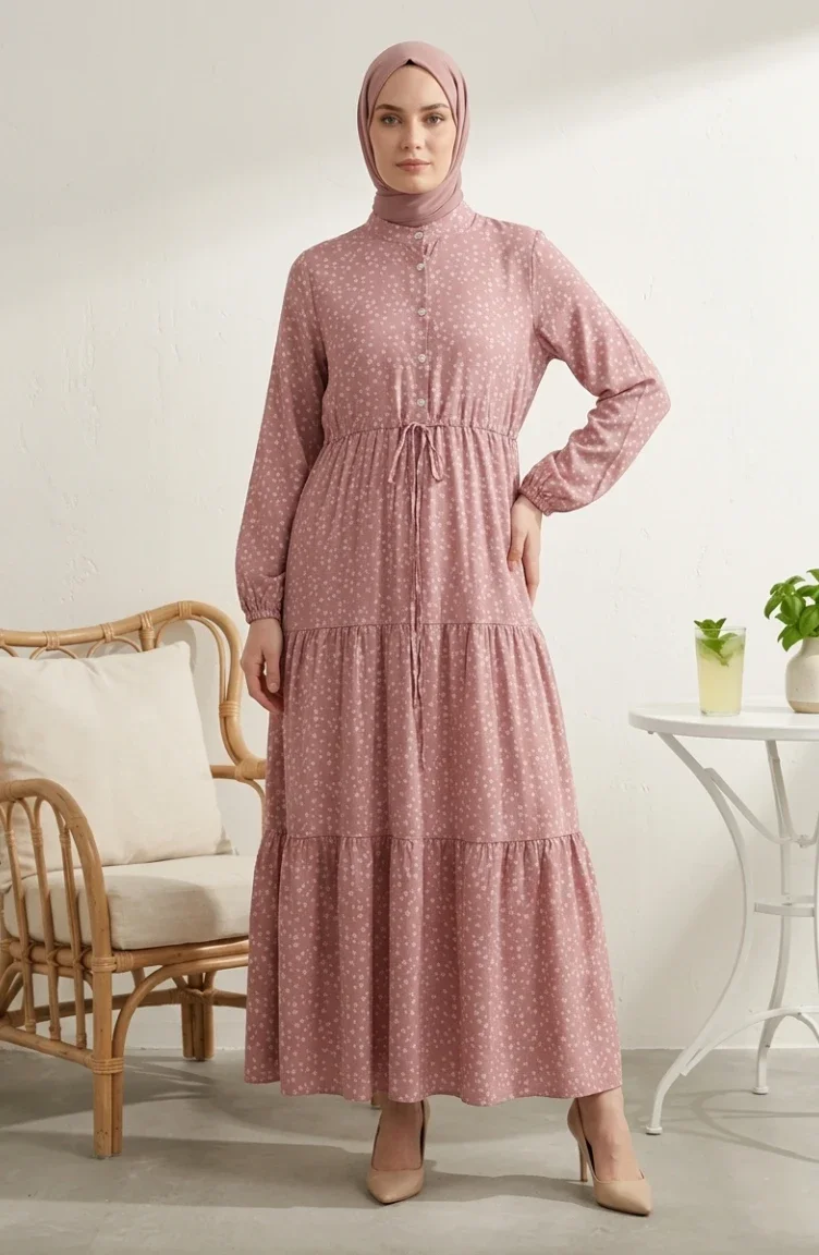 Bescheidenes Kleid Mit Blumenmuster Und Taillenband 0299-02 Puderrosa 0299-02