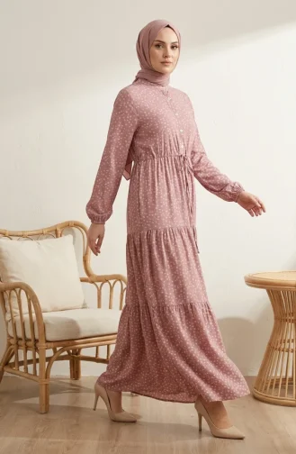 Bescheidenes Kleid Mit Blumenmuster Und Taillenband 0299-02 Puderrosa 0299-02