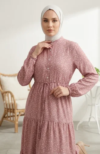 Bescheidenes Kleid Mit Blumenmuster Und Taillenband 0299-02 Puderrosa 0299-02