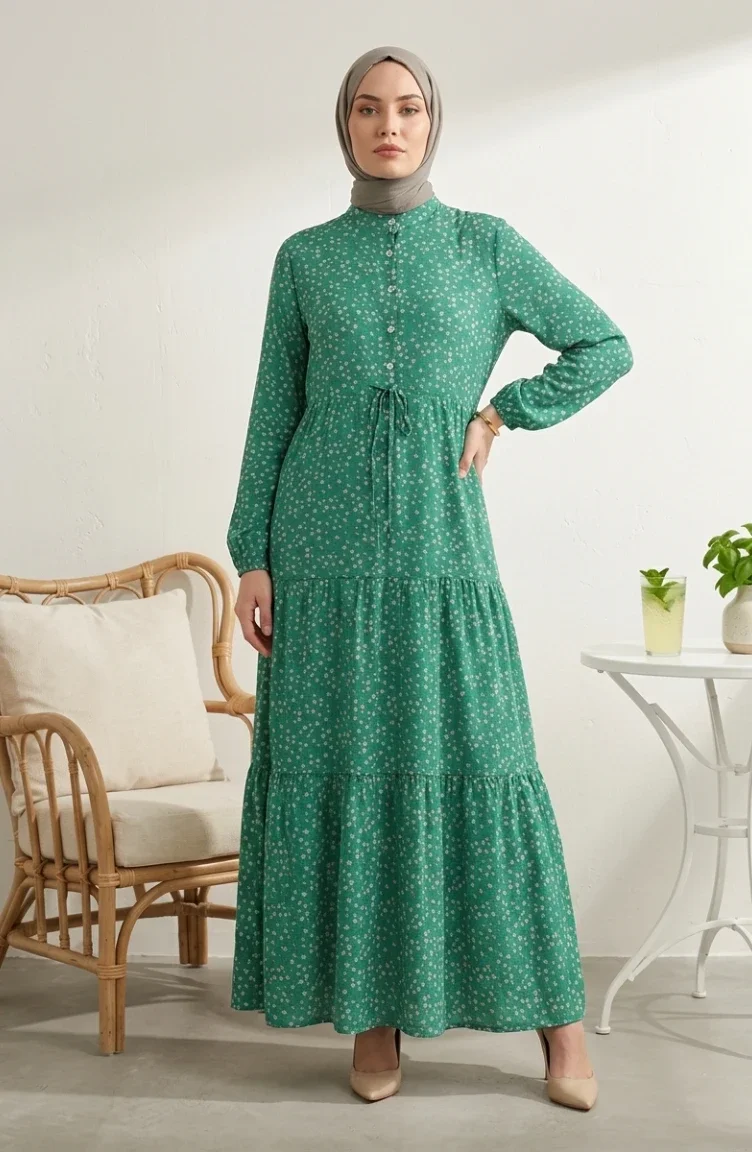 Bescheidenes Kleid Mit Blumenmuster Und Taillenband 0299-03 Grün 0299-03