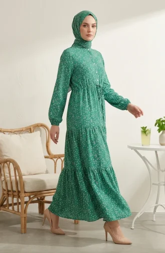 Bescheidenes Kleid Mit Blumenmuster Und Taillenband 0299-03 Grün 0299-03