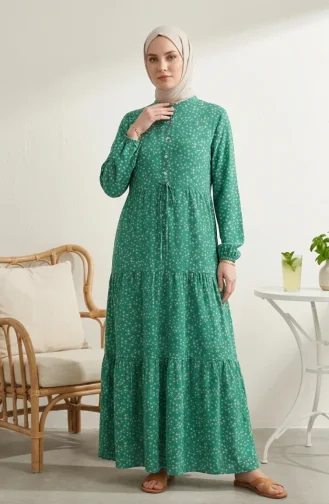 Bescheidenes Kleid Mit Blumenmuster Und Taillenband 0299-03 Grün 0299-03