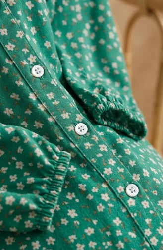 Bescheidenes Kleid Mit Blumenmuster Und Taillenband 0299-03 Grün 0299-03