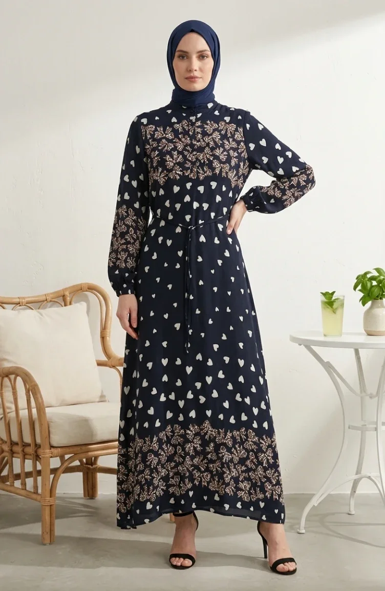 فستان حجاب من قماش الفسكوز بنقشة قلوب 0337-07 كحلي بني 0337-07