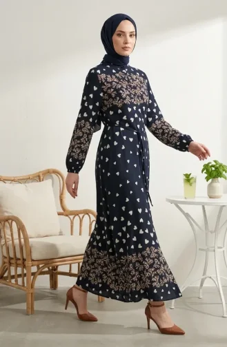 فستان حجاب من قماش الفسكوز بنقشة قلوب 0337-07 كحلي بني 0337-07
