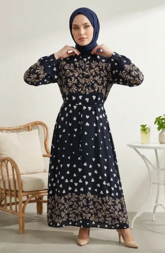فستان حجاب من قماش الفسكوز بنقشة قلوب 0337-07 كحلي بني 0337-07
