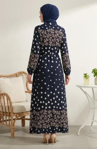 فستان حجاب من قماش الفسكوز بنقشة قلوب 0337-07 كحلي بني 0337-07