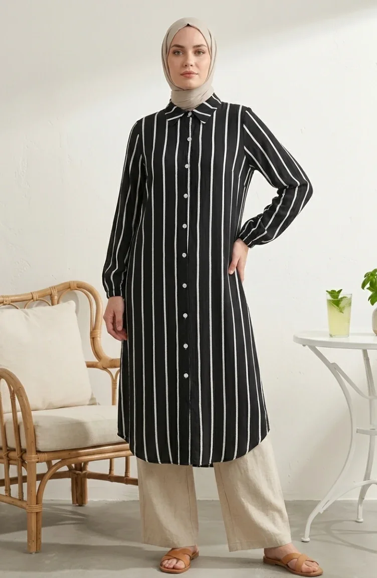 Tunique Longue En Lin Rayé à Col Chemise 0354-02 Noir 0354-02
