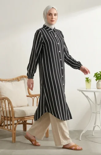 Tunique Longue En Lin Rayé à Col Chemise 0354-02 Noir 0354-02