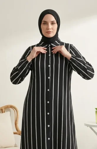Tunique Longue En Lin Rayé à Col Chemise 0354-02 Noir 0354-02