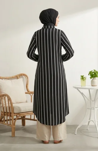 Tunique Longue En Lin Rayé à Col Chemise 0354-02 Noir 0354-02